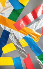 Colorful shiny plastic and metallic tapes creating an abstract background texture, presenting a dynamic network of intertwined lines and vibrant colors