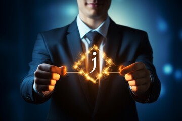 Businessman holding a glowing digital letter 'j' representing information and technology