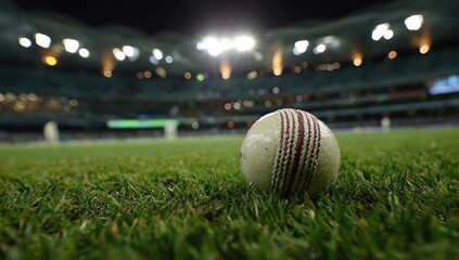 Cricket ball on grass stadium lights bokeh, nighttime sports match preparation