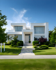Modern White Luxury House with Green Lawn