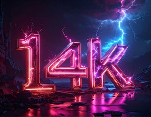 Glowing neon "14K" sign amidst dramatic lightning and rugged landscape