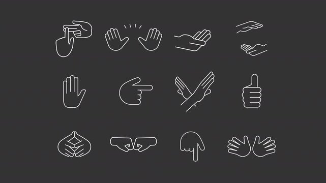 Hand gestures animation set. Sign language animated white line icons. Moving hands, fingers. Educational material, social interaction. Isolated elements on dark background. Alpha channel HD video