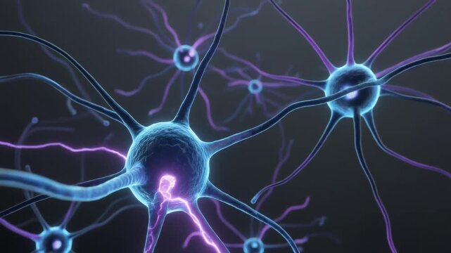 Neurons communicating through synapses in a neural network environment, viewed microscopically