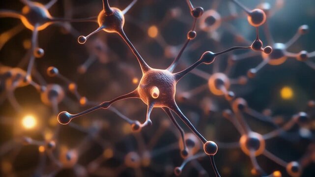 Neural network connections illuminated in a complex web of neurons and synapses viewed from a close-up perspective in a dark environment