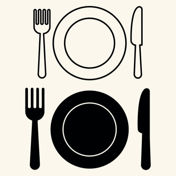 Dining icon set with plate fork and knife silhouette