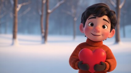 Valentine day special animated boy holding heart in snowy forest on valentine's day