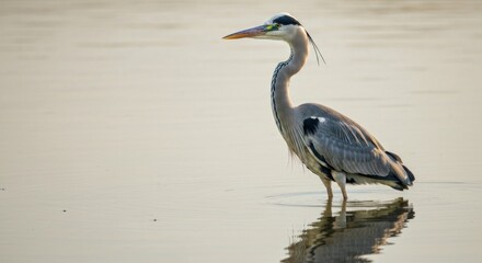 Grey heron wading in calm water