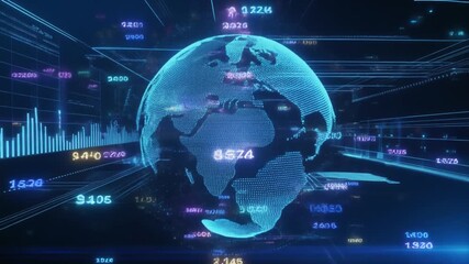 Global data visualization displaying financial trends and statistics on a digital globe - Powered by Adobe