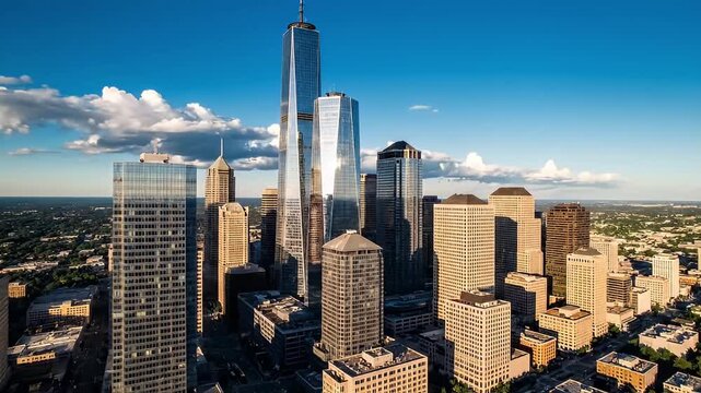 An impressive aerial panoramic shot captures a vibrant, modern cityscape at golden hour, featuring a striking cluster of gleaming skyscrapers under a bright blue sky with scattered clouds. Sunlight re