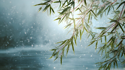 Serene bamboo in gentle rain