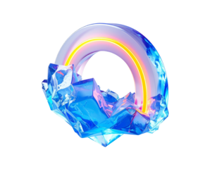 Iridescent geometric ring atop crystalline ice with inner glowing light