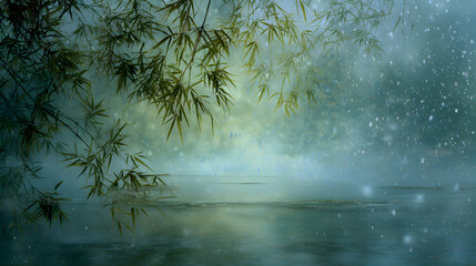 Serene morning mist over calm lake