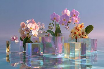 Surreale florale Komposition mit Orchideen und transparenten Glaskuben in pastelligen Farben