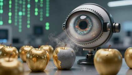 Robotic eye observing golden and decaying apples with digital code flowing in the air