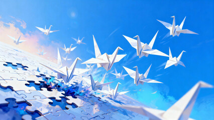 Origami cranes in a mood of hope fly over a puzzle landscape under a blue sky