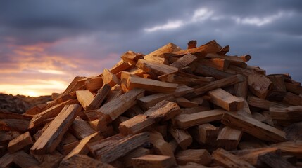 A pile of chopped firewood illuminated by the warm glow of dawn against a dramatic cloudy sky