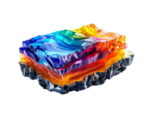 Crystalline layers of vibrant, overlapping, colorful strata atop dark stone