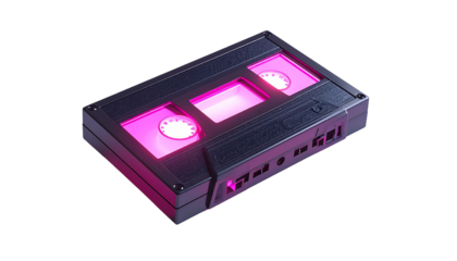 A glowing, stylized cassette tape with pink highlights