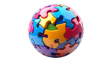 A sphere composed of interlocking colorful puzzle pieces, isolated on black
