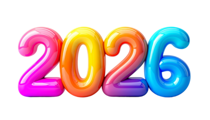 Colorful 3D rendered "2026" text against a solid black backdrop