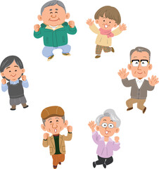 輪になってジャンプする6人のシニアの男女