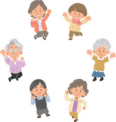 輪になってジャンプする6人のシニアの女性