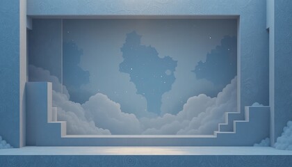 Serene blue room with clouds and stars in modern minimalist design