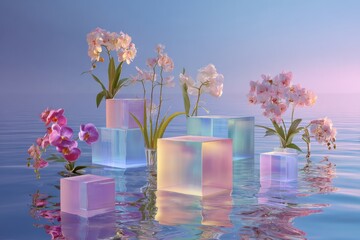 Surreales Orchideen-Stillleben mit transparenten Glaskuben auf ruhiger Wasseroberfl&auml;che