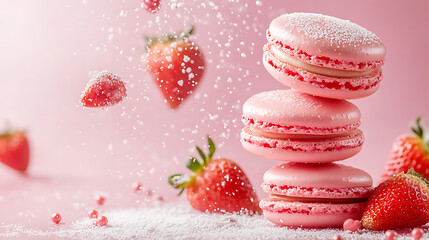 Levitating pink macarons and fresh strawberries with falling sugar powder and hearts creative valentine dessert concept on pink background.