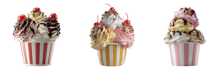 Three ice cream sundaes with cherries isolated on a transparent background