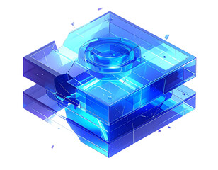 Isometric, layered, glowing blue structure with a central circular core