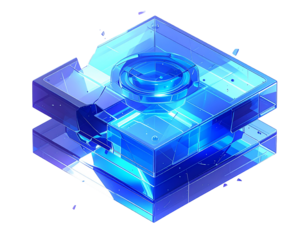 Isometric, layered, glowing blue structure with a central circular core