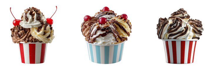 Three ice cream sundaes with toppings isolated on a transparent background