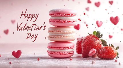 Happy valentines day greeting card with pink macaron tower and strawberries falling hearts and sugar romantic dessert background with text.