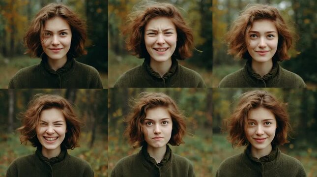 Woman laughing in forest multiple portrait collage