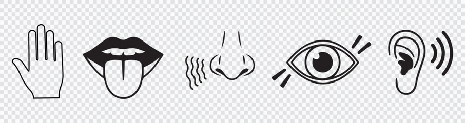 Human senses icon set. Vision eye, smell nose, hearing ear, touch hand, taste mouth with tongue.