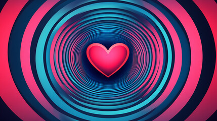 Retro style heart tunnel background with blue and pink concentric circles psychedelic pop art style for fashion valentine poster or vintage party flyer.