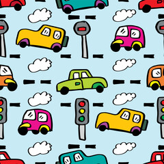 Seamless pattern with hand drawn cars and traffic lights. Vector illustration.