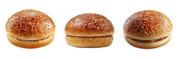 Three sesame seed burger buns with filling isolated on a transparent background