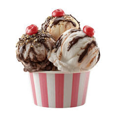 Three scoops ice cream with cherries and chocolate isolated on a transparent background