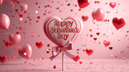 Happy Valentine's Day pink heart lollipop candy with balloons, sweet 3D render celebration background with greeting text, macro close up

