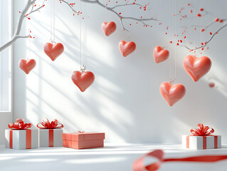 Valentine's Day interior decoration background, hanging red hearts on tree branch and gift boxes, white room 3D render, sunny home

