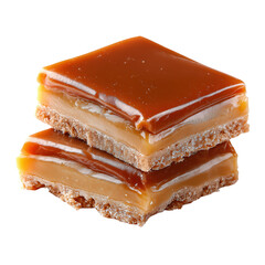 Two caramel shortbread bars stacked isolated on a transparent background
