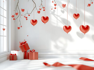 Valentine's Day interior decoration background, hanging red hearts on tree branch and gift boxes, white room 3D render, sunny home

