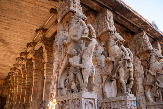 Sculpture carved out of stone at an ancient Indian Temple at Sri Rameshwaram. 