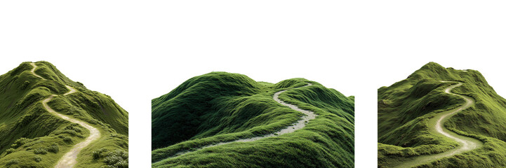 Winding dirt path on green grassy hills isolated on a transparent background