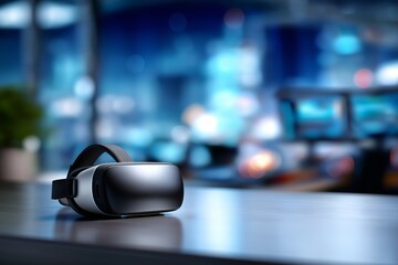 Virtual reality headset placed on a sleek wooden table, with a blurred modern office environment in the background, showcasing advanced technology and immersive experiences