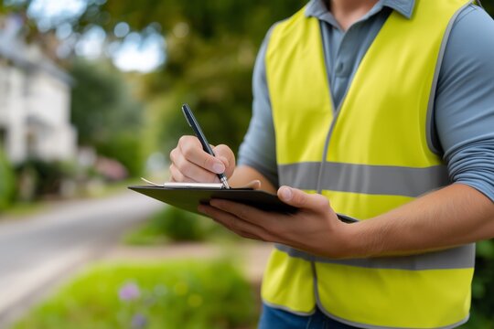 Male construction worker wearing a safety vest is taking notes on a clipboard while standing outdoors, surrounded by greenery and residential buildings, showcasing attention to detail in his work