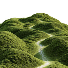 Winding path through green mossy hills isolated on a transparent background