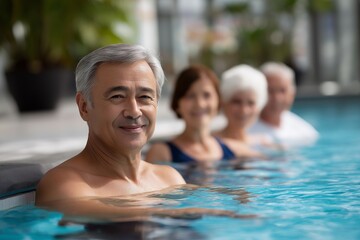Fototapeta premium Senior man smiling in a swimming pool with three other adults enjoying leisure time, showcasing relaxation and social interaction in a tranquil aquatic environment